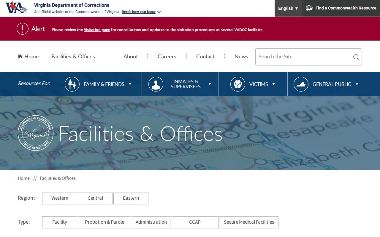 VADOC statewide facilities directory for Lee County release searches