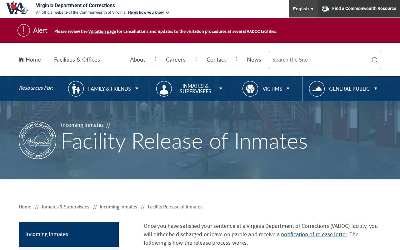 VADOC statewide facility release process for Lee County records